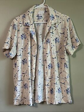Tropical Floral Short Sleeve Shirt - Beige with Blue Floral